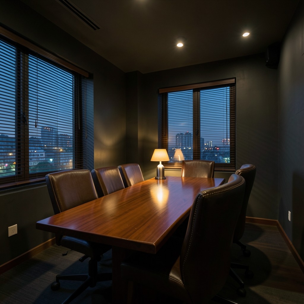 Quiet Bang Na office with a long meeting table and warm evening lamp light