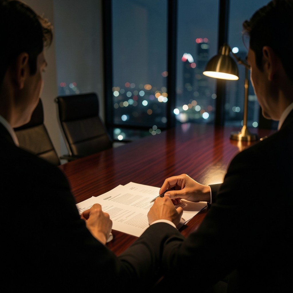 Hands arranging printed briefing pages on a dark conference table under warm lamp light