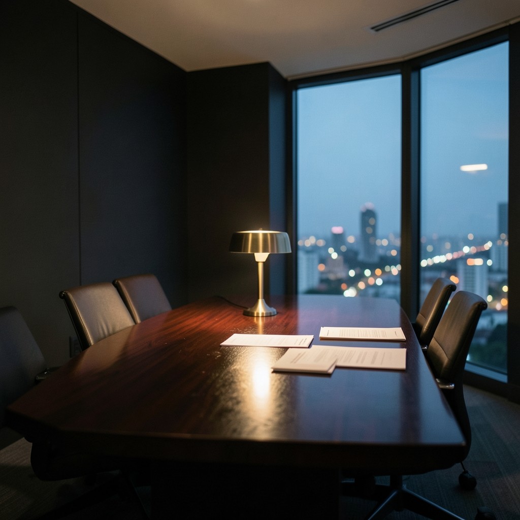 Evening light across a quiet Bangkok consulting meeting room with printed briefing boards on a long table