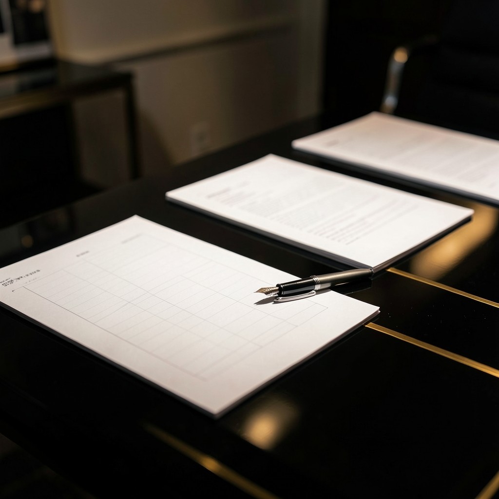Printed analytics boards and a fountain pen on a dark lacquer conference table